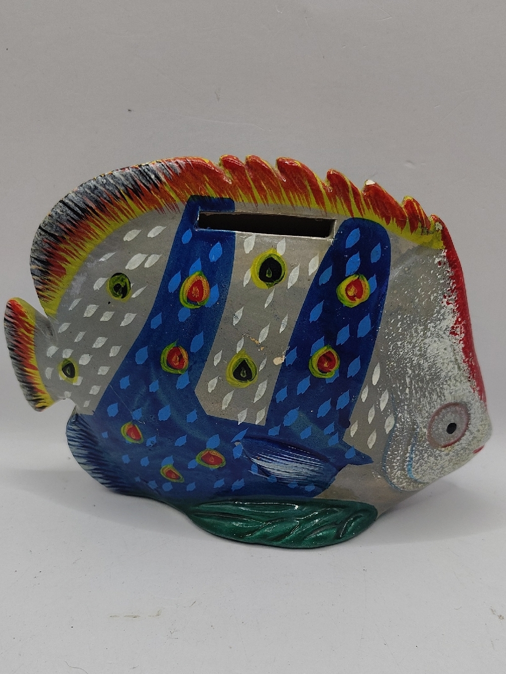 Hand-Painted Decorative Wooden Fish Bank - Blue and Multicolor